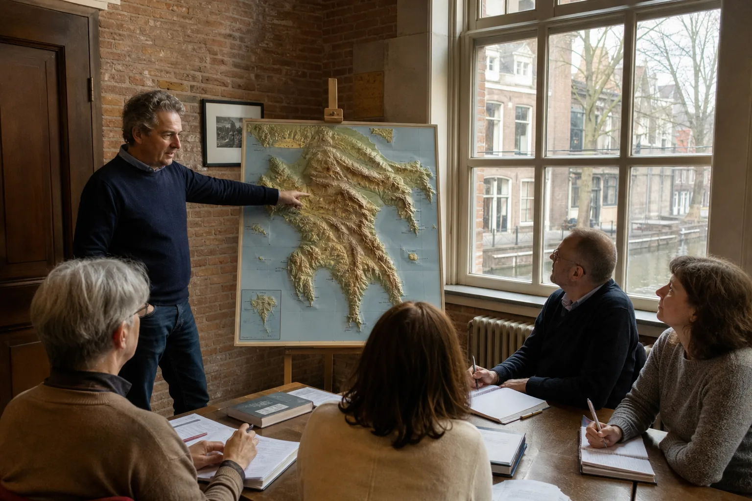 Docent wijst op een reliëfkaart van de Peloponnesos tijdens een volwassen erfgoedles in een Utrechtse grachtenzaal