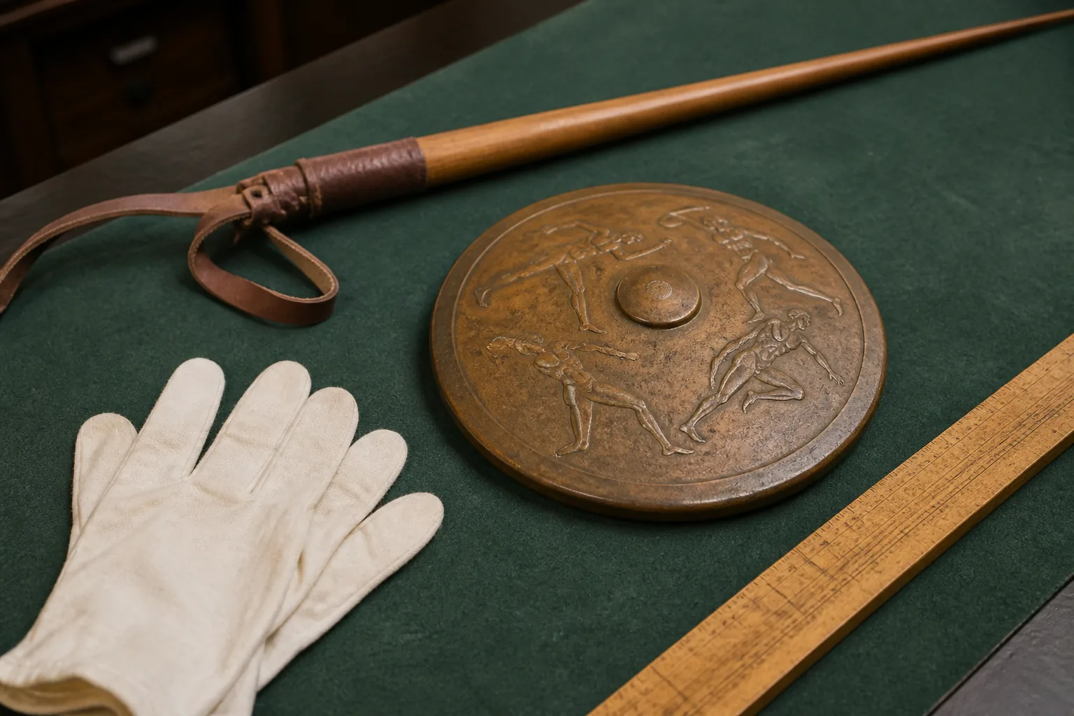 Bronzen discus en speer met werpriem op de Utrechtse objecttafel tijdens een les klassieke atletiek in de oudheid