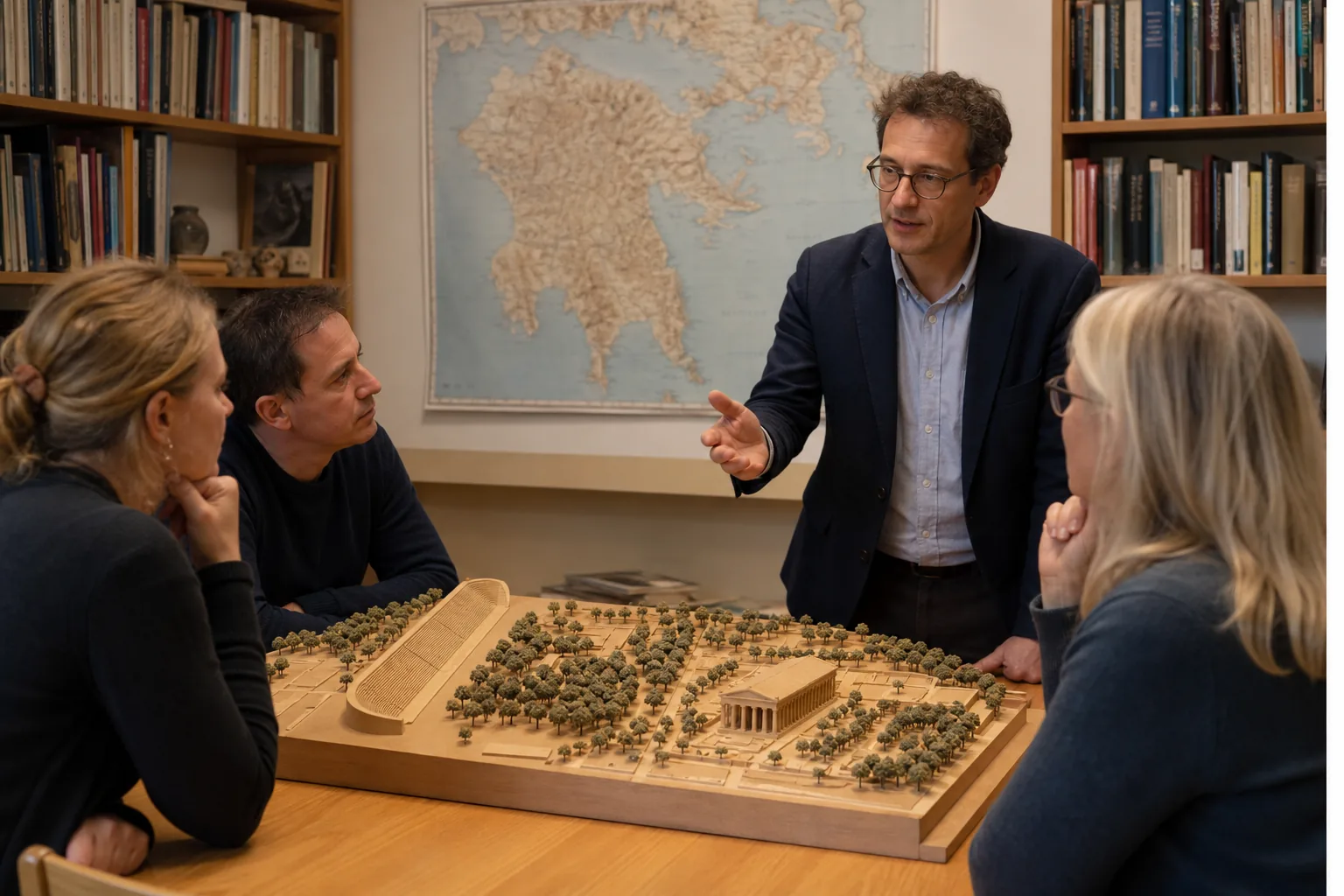 Mark Willems legt het heiligdomsmodel van Olympia uit aan volwassen deelnemers in een Utrechtse studiekamer