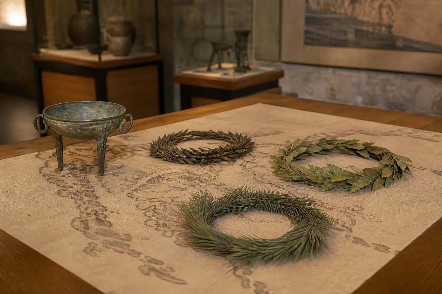 Vier kransreplica's op linnen met een reliëfkaart van Griekenland tijdens de Utrechtse les over de panhelleense periodos